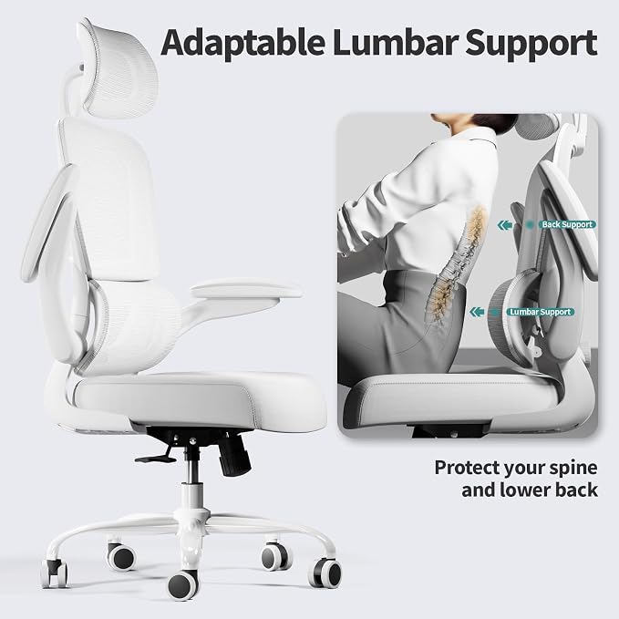 TRALT Office Chair Ergonomic Desk Chair - Gaming Chair with Lumbar Support | 330 LBS Home Office Desk Chairs with Headrest, Reading Chair with Flip-up Armrests, Comfortable Computer Chairs (1, White)