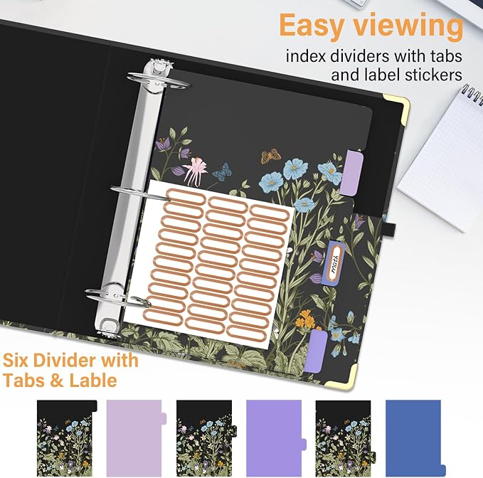 3 Ring Binder 3 Inch Ring, 2 Interior Pockets, 5 Tab Dividers, Low Profile Clipboard with Storage, Floral Cute Binder and Labels Stickers for School Office-Blue Florals-Wild Flower