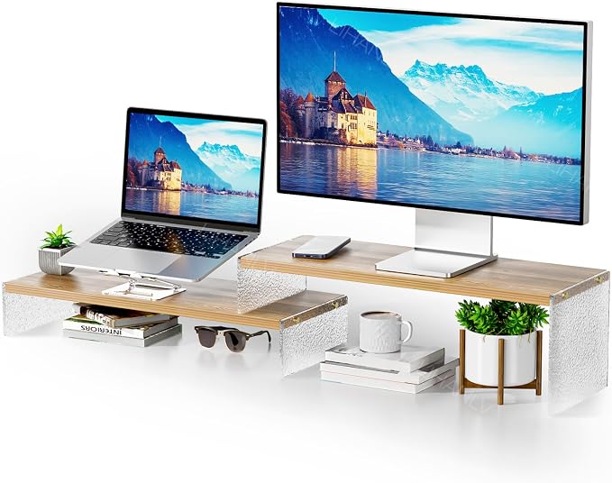 YGYQZ Adjustable Monitor Stand Riser, 7.67"×19.3" Dual Monitor Desk Stand | Adjustable Monitor Riser, Expandable Desk Organizer, 2-Tier Storage, Acrylic Legs, Ergonomic Workspace, Wood Glacial Striae