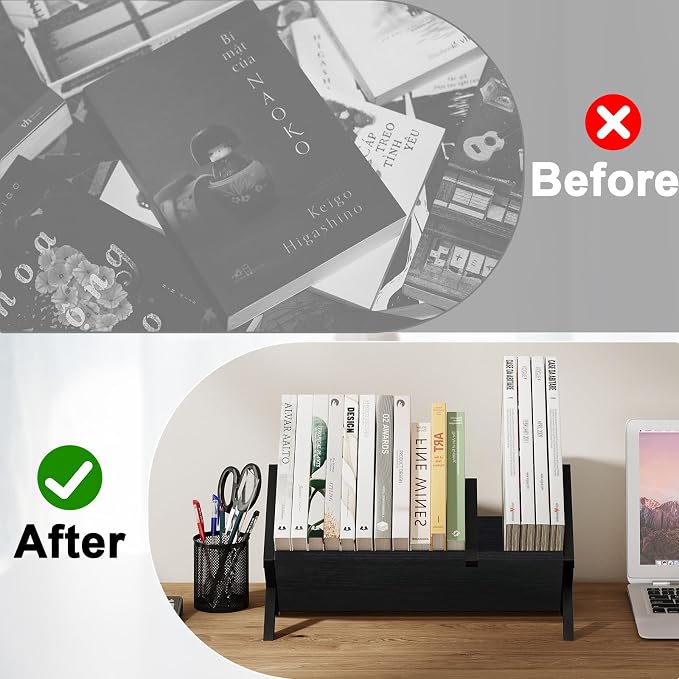YINMIT Wood Desktop Bookshelf Organizer, Slanted Tabletop Bookshelf | Small Desk Bookshelf, Book Organizer in Living Room, Office, Portable Mini Bookcase for CDs, Magazine, Books, Cookbooks