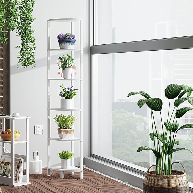VIMBER Corner Shelf, 6-Tier Corner Bookshelf, Industrial Corner Ladder Shelf, DIY Storage Shelves, Modern Display Shelf for Living Room, Bedroom, Kitchen, Home Office, White UJSJ004W