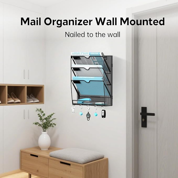 4-Tier Wall File Organizer and Mail Organizer with 5 Hooks, Black | Label slots, curved openings, 5 key hooks, and a bottom tray support organized mail, file, and everyday item storage.