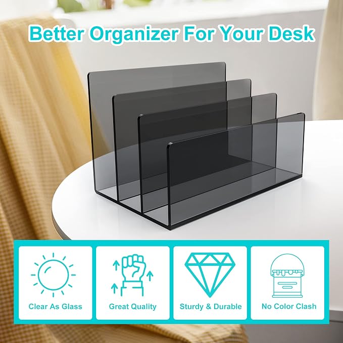 Boloyo Acrylic File Holder,1PC 3 Sections Clear Black File Organizer Mail Letter Sorter Desktop Folder Holder for Home Office School Envelope Bill Filling Paper Document
