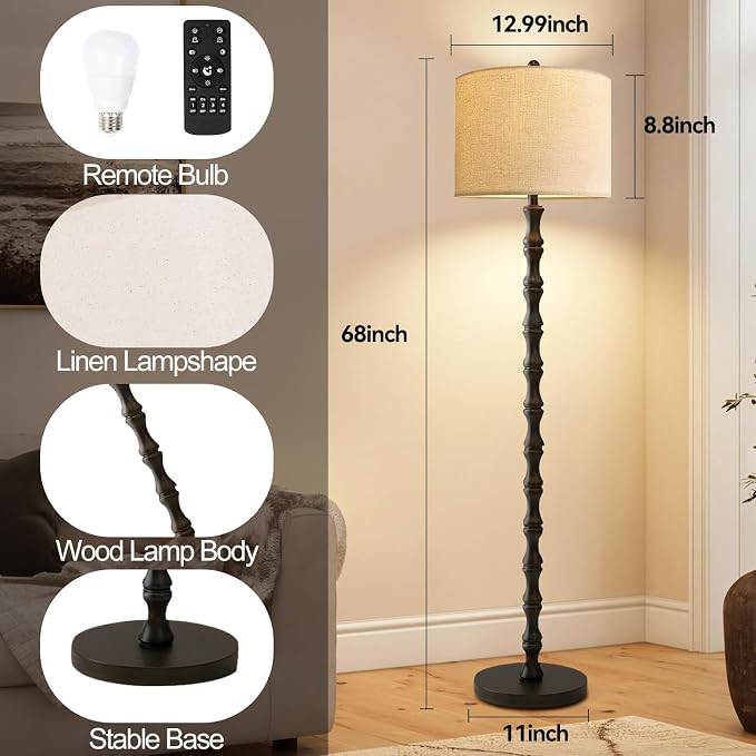 Wood Floor Lamps for Living Room Rattan Floor Lamp with Remote Control& 3 Color Temperature,Dimmable Rustic Floor Lamp Black Mid Century Modern Standing Lamp Tall Farmhouse Floor Lamp For Bedroom
