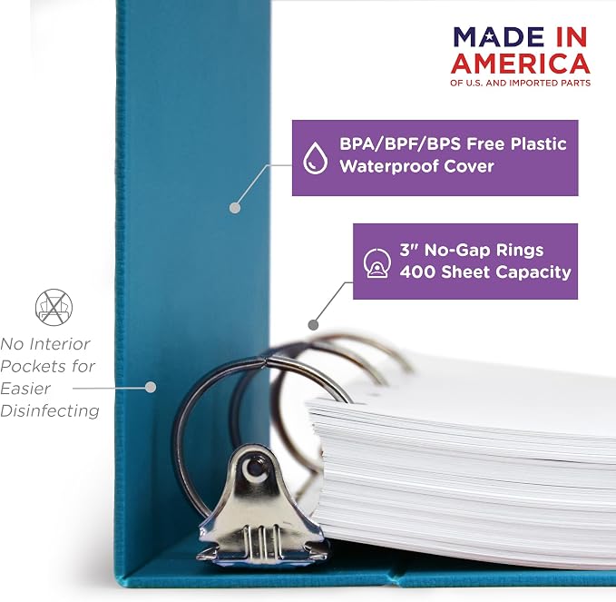 Carstens 3-Inch Heavy Duty 3-Ring Binder - Top Opening, Pool Blue, Durable Plastic, Precision No-Gap Rings, Waterproof Cover, No Pockets, Holds 400 US Letter Sheets, BPA-Free, Made in USA (1705-3R)