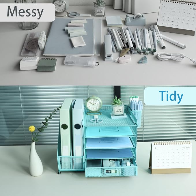 Desk Organiser with 2 Pack Magazine File Holder, 5-Tier Paper Tray Organiser with Drawer and 2 Pen Holder, Letter Tray Multifunctional for Office, School, Home - Blue