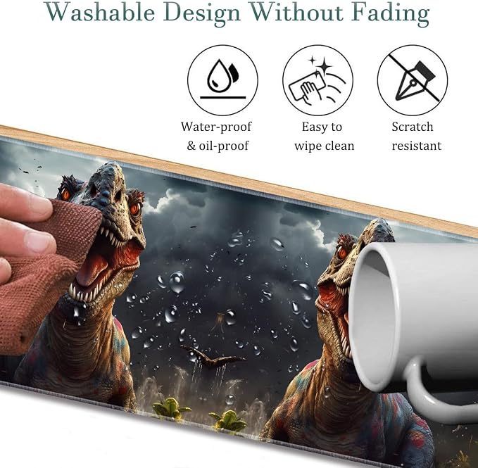 Extended Gaming Mouse Pad 31.5" x 11.8", with Edge Stitching, Non-Slip Rubber Base Keyboard Pad, Suitable for Work, Game, Office, Home and Coasters, Dinosaur