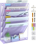 5 Pockets Mesh Wall File Holder Organizer with Bottom Flat Tray, Office Hanging File Folder Magazine Rack, Nametag Label Hooks Set Included, Purple