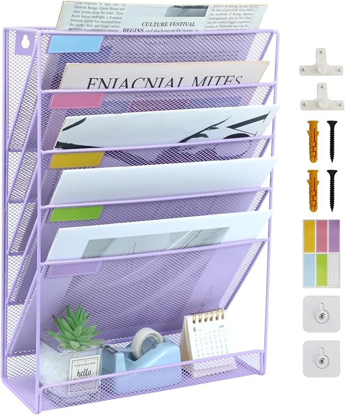 5 Pockets Mesh Wall File Holder Organizer with Bottom Flat Tray, Office Hanging File Folder Magazine Rack, Nametag Label Hooks Set Included, Purple