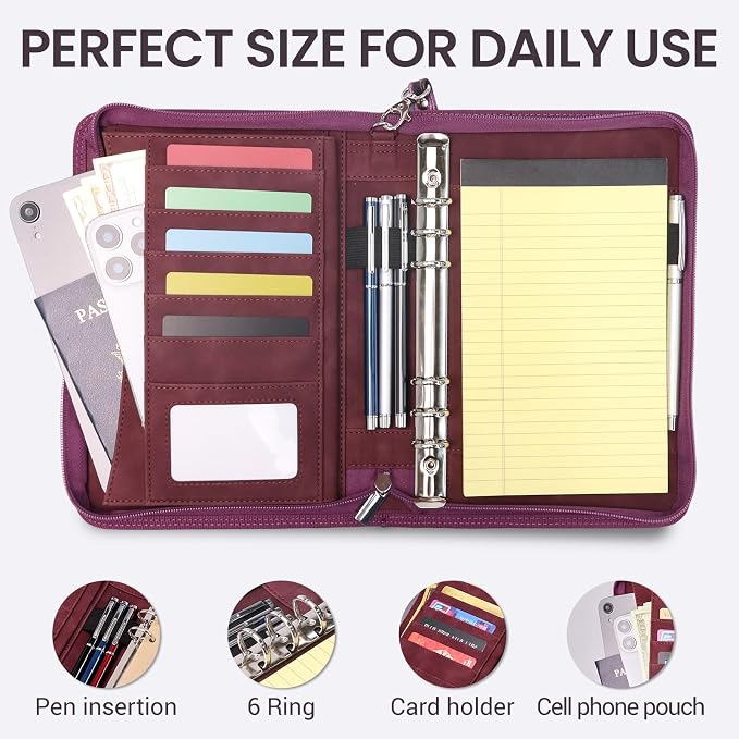 A5 Binder 6 Ring with Zipper, Portable Planner for Travel & Study | Faux leather A5 planner with detachable 6 rings, lined pages, pouches, card slots and pen holder for daily use.