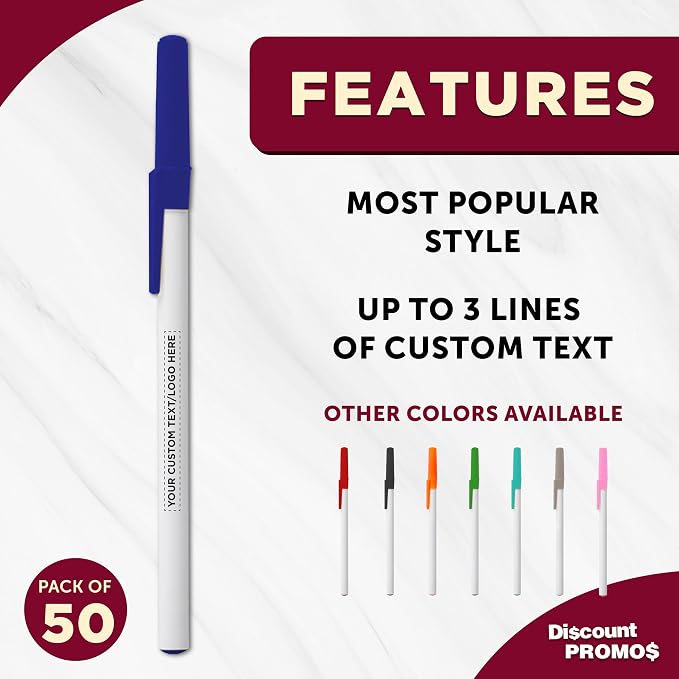 DISCOUNT PROMOS Custom Value Stick Pens Set of 50, Personalized Bulk Pack - Black Ink, Great for Office, School, Business, Tradeshows, Events - Blue