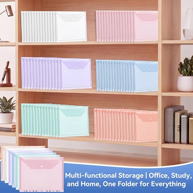 Handepo 200 Pack Binder Pockets Bulk, Plastic Binder Folders with Tight Closure Side Loading, Assorted Colors Transparent Folders Dividers with Pockets for Document Paper Home Office Supplies