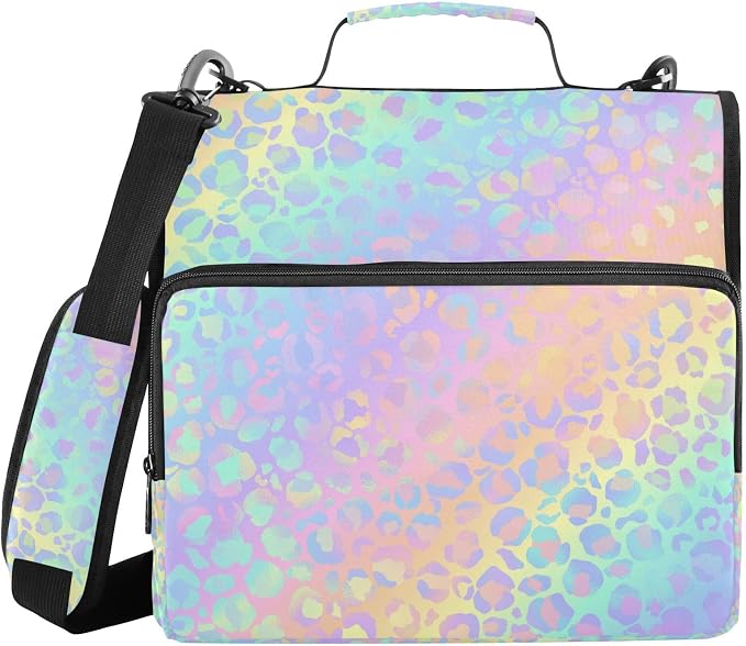 Gradient Leopard Pattern 3 Ring Zipper Binder with Shoulder Strap & Handle 2 Inch D-Ring Zippered Binder Bag with Multiple Pocket & Pencil Pouch, Binder Organizer for School or Office