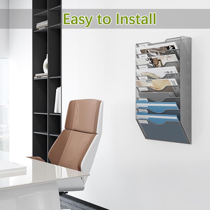 EasyPAG 8 Pocket Mesh Wall File Organizer, Hanging Paper Folder Holder with Classify Label, Vertical Wall Mount Mail Organizer for Office Home Classroom, Silver