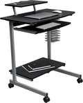Techni Mobili Rolling Computer Desk Cart w/ Keyboard Tray & Wheels, Black | Locking casters, printer stand, office cart, compact desk, home office, small space computer workstation