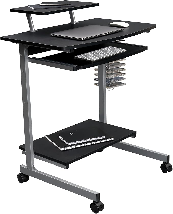 Techni Mobili Rolling Computer Desk Cart w/ Keyboard Tray & Wheels, Black | Locking casters, printer stand, office cart, compact desk, home office, small space computer workstation