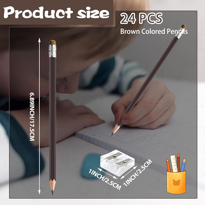 24PCS Brown Colored Pencils with Eraser Pre Sharpened Pencil 2 HB - Ideal for Checking, Grading, Tests & Office/School Supplies (Brown)
