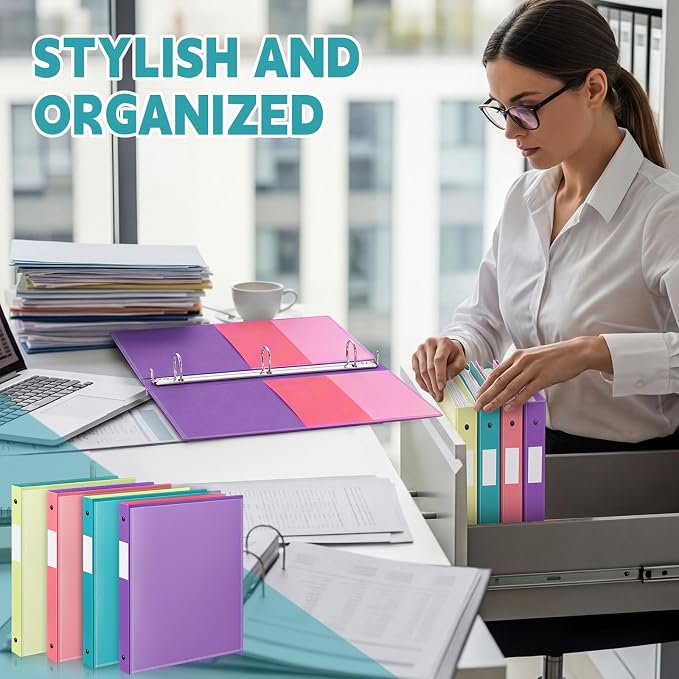 Henoyso 4 Pack Two-Tone Durable 3 Ring Binders 1/2 Inch, Clear Cover with Front & 4 Inner Pockets, Colored Plastic Flexible Binders with Large Capacity for School & Office