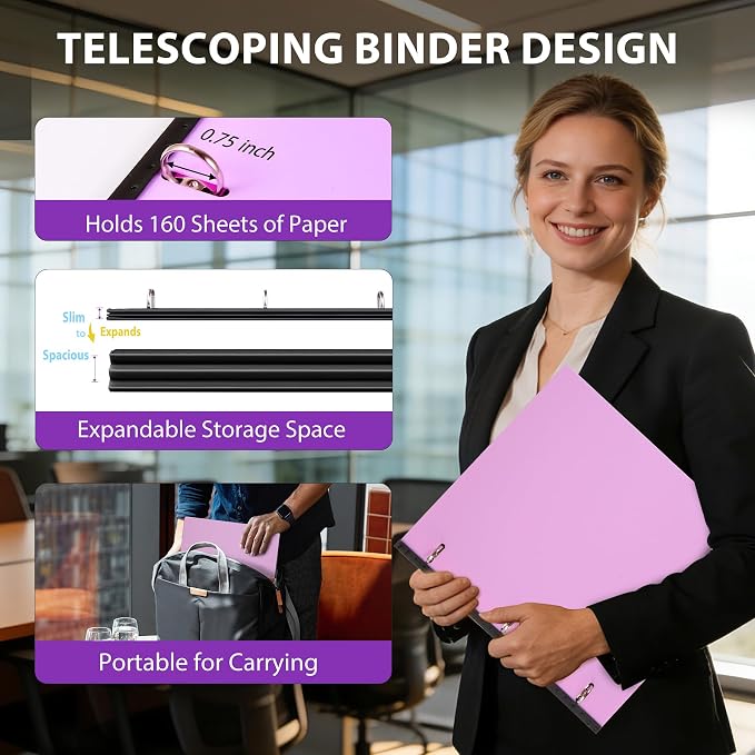 WOT I 12-Pack Telescoping 3 Ring Binder(0.75"), Expandable Flexible Binder - Patented Design for Easy Portability, Holds 8.5"x11" Paper, Perfect for School, Office&Home Organization(Assorted Pastels)