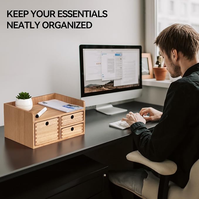 KIRIGEN Wooden Desk Organizer with 3 Drawers and Top Tray Natural DT1D3C-NA | 3-Drawer Cabinet with Top Tray Stores Office Supplies, Toiletries, Tools, Crafts, and Small Accessories on Desks or Counters