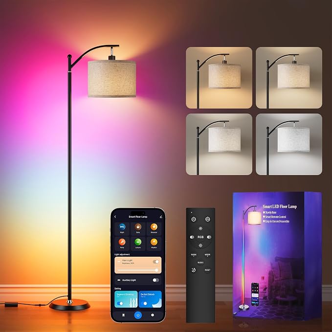 Smart LED RGBCW Corner Lamp with Linen Lampshade Compatible with Alexa, Color Changing Standing Lamp with 16 Million DIY Colors, Music Sync, Tall lamp for Living Bedroom Room,APP/Voice/Remote Control