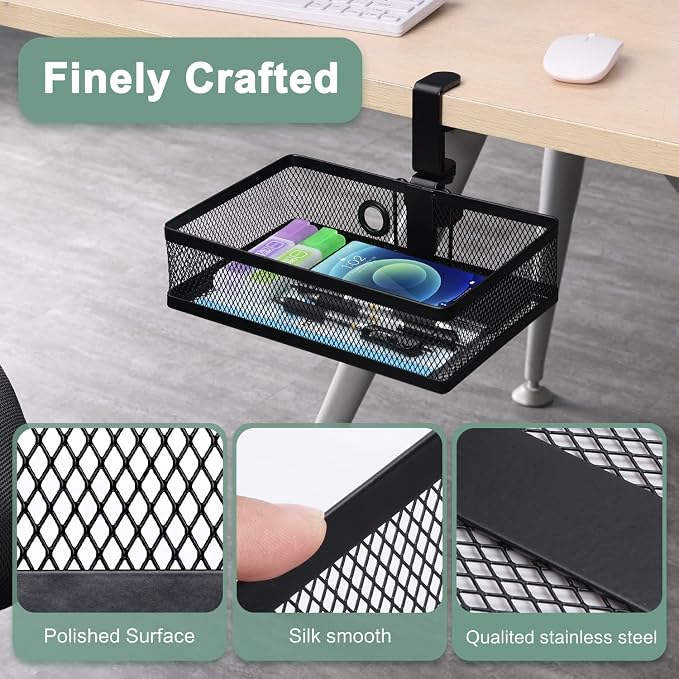ROSYLINE Under Desk Storage Basket Hanging Drawer Tray, Clamp On Organizer | hickened C-Clamp, High Load No Deformation Sag-Proof, Steel Construction, Clip-On No Drill Mount, Office & Household Storage