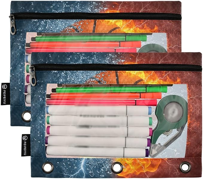 Basketball Ball Pencil Pouch for 3 Ring Binder, 2 Pack Waterproof Pencil Bags Clear Window Pencil Case Zipper School School Office Supplies