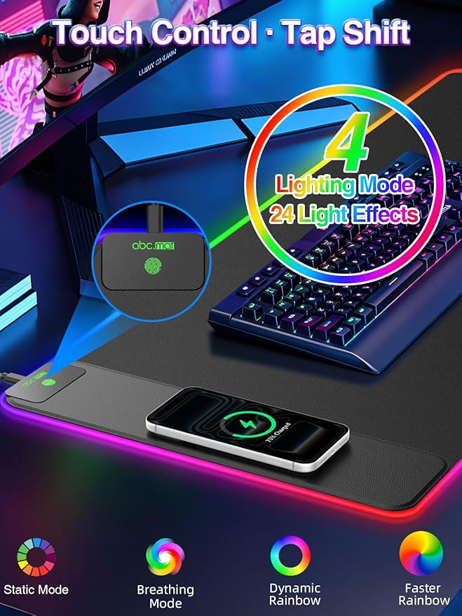 RGB Gaming Mouse Pad with 15W Magnetic Wireless Charging, 31.5'' x 15.8'' | 24 Lighting Effects Desk Mat LED Mousepad with Non-Slip Rubber Base, Light up Your Desk, Waterproof Ultra-Smooth Surface