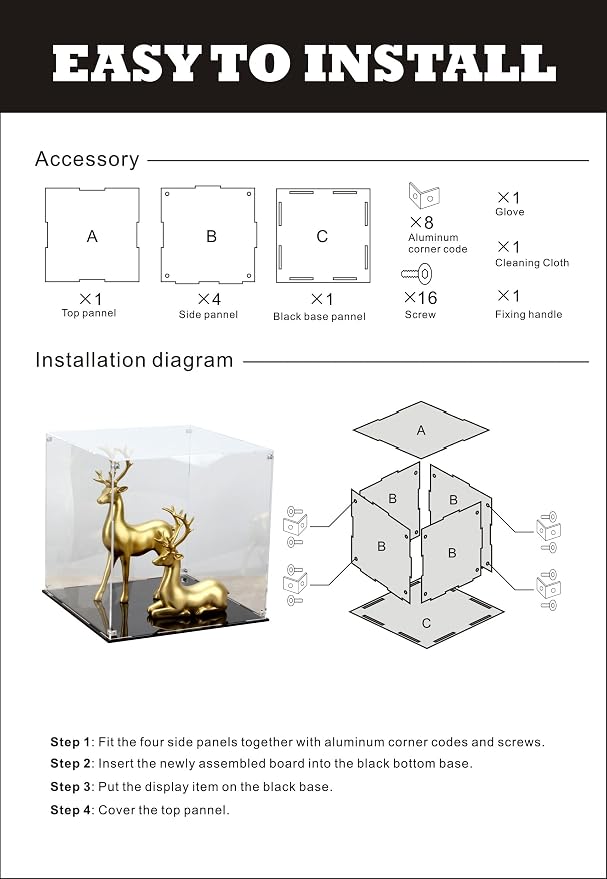 12 Inch Clear Acrylic Case for Display with Black Base | Cube Display Acrylic Box for Collectibles, Alternative Glass Case for Display Figures Home Storage Organizing Arts Showcase