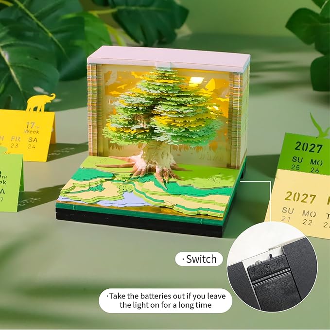 3D Time Piece Calendar, 2027 Desk Calendar With LED Light, 3d Tree Memo Pad Creative Desk Calendar, Christmas Gift for Colleague Friend, Desktop Decoration(Lucky tree)