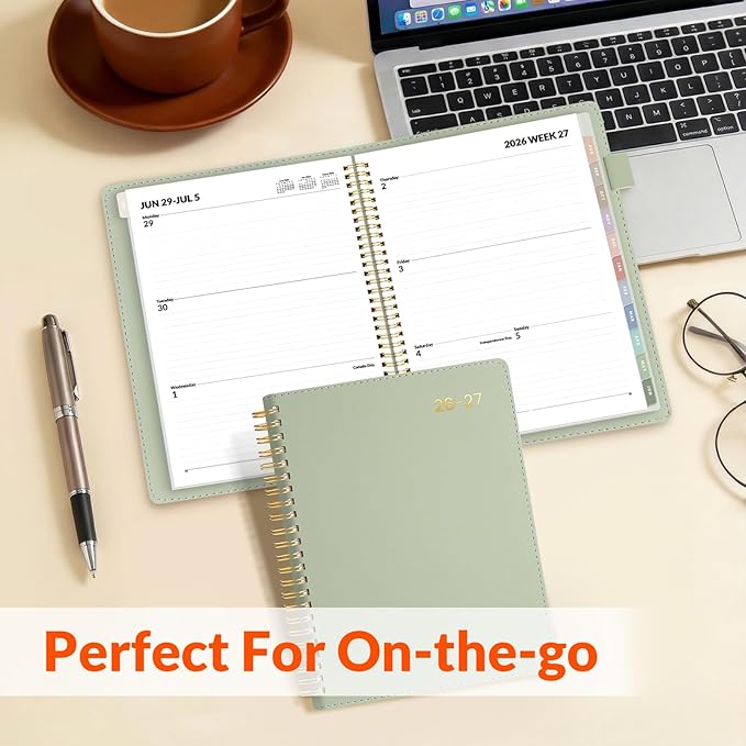 SUNEE 2026-2027 Weekly & Monthly Planner 6.4"x8.5" - 12 Month (July 2026 - June 2027), Vegan Leather Cover Planner Academic Year Calendar, Pocket, Notes, Monthly Tab, Green