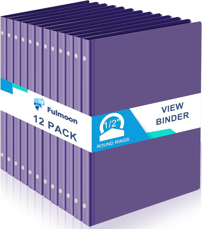 Fulmoon 12 Pcs Economy View 3 Ring Plastic Binder 12.2 x 9.8 Inch Plastic Round Ring Binders with Pockets Notebinder for Meetings for Home, Office, School(Purple, 1/2 Inch)