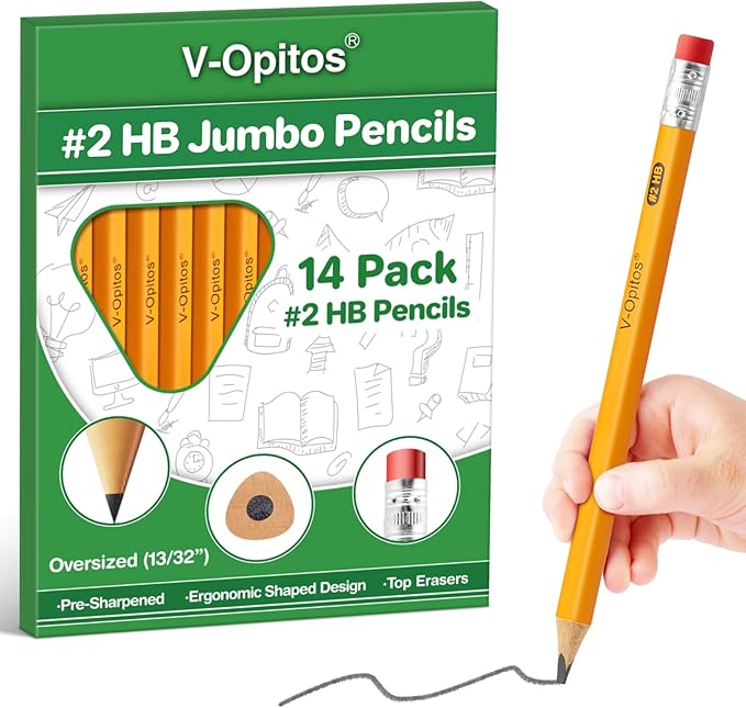 V-Opitos 14 Pack Jumbo #2 HB Pencils for Kids, Triangle Shape Pre-sharpened Wood-Cased Pencil with Top Eraser, Toddler First Pencils, Ideal Home, Kindergartens, School Classroom Supplies