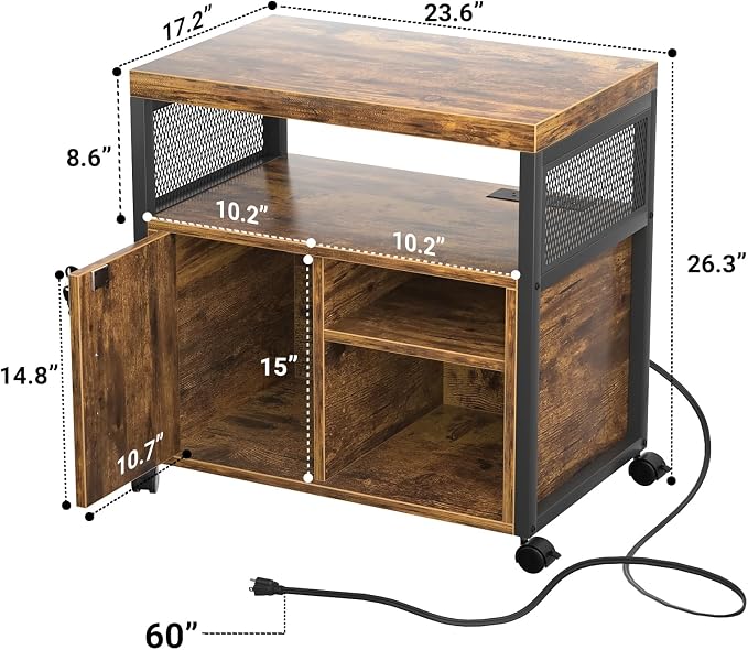 Unikito Rolling File Cabinet, Lateral Filing Cabinet on Wheels Mobile Office Printer Stand with Door and Open Storage Shelf for A4, Letter Size and Hanging File Folders, Lockable, Rustic Brown