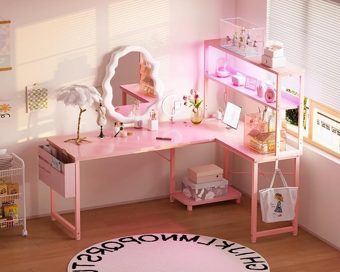 AODK L Shaped Desk Gaming Desk with LED Light & Power Outlet | 53 Inch Pink Reversible L Shaped Computer Table with Shelf & Storage Bag & Hook for Home Office