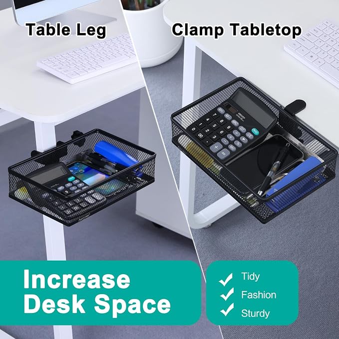 Under Desk Drawer, Clamp on Desk Organizer Under Table Hanging Desk Storage | 2 ways to clamp on: desk side or leg. Under desk organizer, clamp on desk drawer, basket hanging under table shelf, no-drill