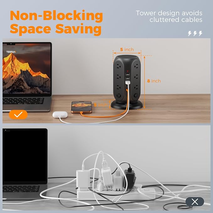 TESSAN Tower Power Strip Surge Protector, Flat Extension Cord 10 Ft,Black | Individual Switches with 12 Outlets, 5 USB Ports(2 USB C), Flat Plug, Charging Station for Multiple Devices, Office, Dorm