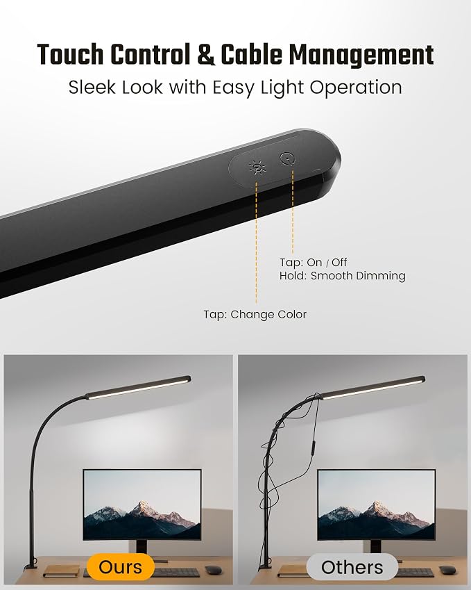 SUPERDANNY Eye-Caring LED Desk Lamp Work Lamp Office Lamp with Side Clamp | Black, Touch Control, 360° Flexible Gooseneck, 3 Modes Smooth Dimming, Memory Function, Adapter, Metal, for Home Office Dorm