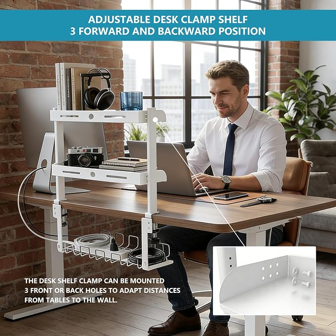 Clamp on Desk Shelf,3 Tier Desktop Organizer,Adjustable Clamp on Desk Top Organizer with Under Desk Hidden Storage Basket&Hooks,No Drilling Desk Clamp Storage Shelves for Working Gaming Accessories