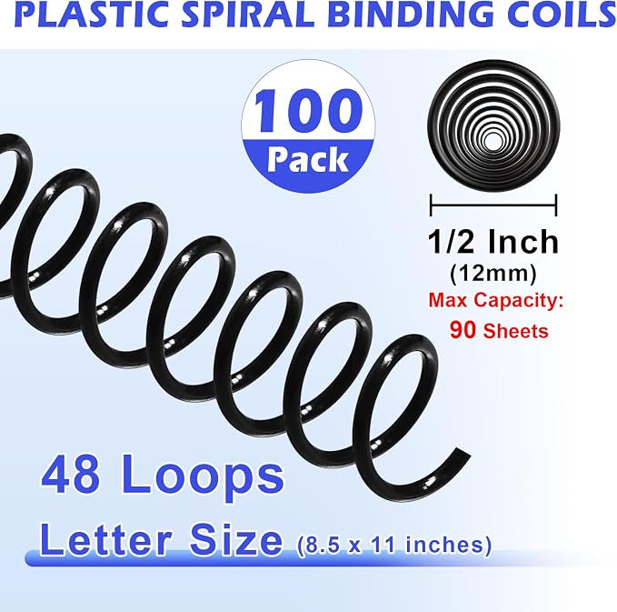 TOTiyea 100 Pack Spiral Binding Coils,12mm,4:1 Pitch 90 Sheet Capacity | Spiral binding coils,Black,can be used with letter size (8.5x11") or A4 size paper (8.3x11.7"),bound projects can lay flat