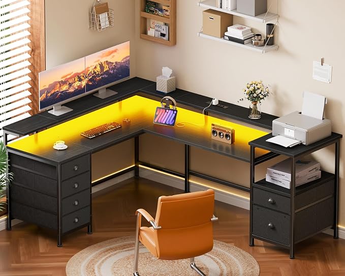 Furologee 66'' L Shaped Gaming Desk with 6 Drawers, LED, Outlets, Black | Reversible Large Corner Computer Desk with Printer Storage Shelves, LED Lights, Monitor Stand for Home Office, Working Study