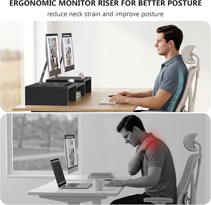 WALI Extra Long Wooden Dual Monitor Stand Riser with 2 Slots, up to 22lbs | Underneath Storage, Adjustable Length & Angle, Multi-Purpose Desktop Organizer Desk Shelf for Home Office PC, Laptop, Printer