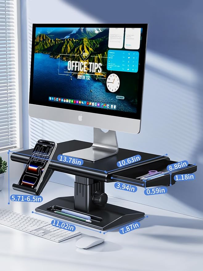 Computer Monitor Stand Riser for Desk,5.7-6.5 Inches Height Adjustable with Storage Drawer & Phone Holder,Workspace Desktop Organizer Monitor Stands Risers Shelf for Computer,Laptop,Printer,TV