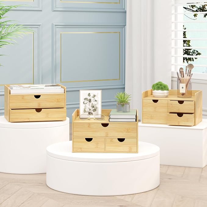 Bamboo Desk Organizer with Drawers, Desktop Storage Box for Office Supplies | 3 Drawers Desktop organizer, No Assembly Required, Natural Wood Wooden Desktop Drawers for Bills, Cosmetics, Seals, Paper