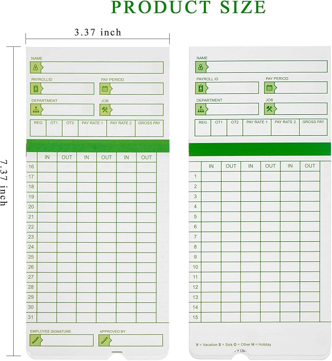 Zzrywuty Time Cards for Employees Monthly, 3 3/8 x 7 3/8 Inch, 300 Count | Green 2-Sided Design, Compatible with Hn3000 Time Clock, Supports All Pay Periods for Employee Attendance