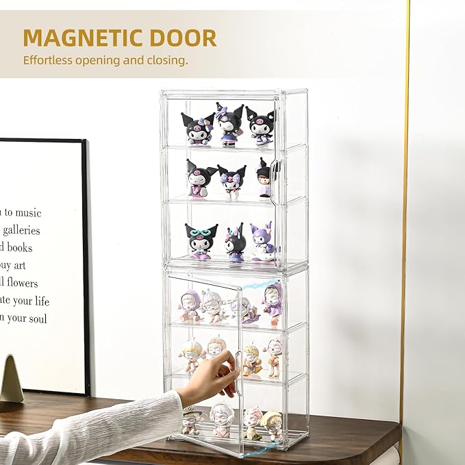 3 Tier Display Case for Collectibles,Clear Display Box with 2 Movable Plates ,Storage Container with Magnetic Door (Large 1 Pack)