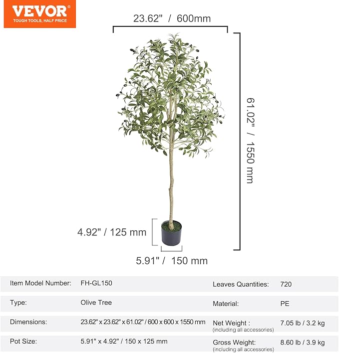 VEVOR Artificial Olive Tree, 5 FT Tall Faux Plant, Secure PE Material & Anti-Tip Tilt Protection Low-Maintenance Plant, Lifelike Green Fake Potted Tree for Home Office Warehouse Decor Indoor Outdoor