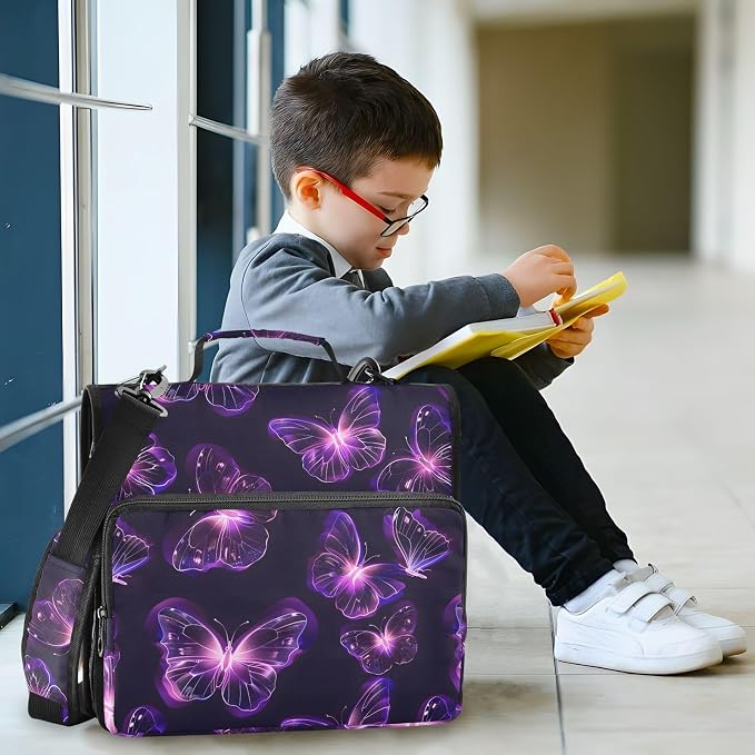 Butterflies Purple Neon 3 Ring Binder Bag 1.5 inch Binder Organizer with Zipper Shoulder Strap 500 Sheet Documents Storage for School Office