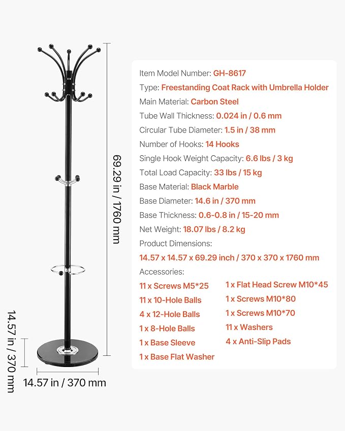 VEVOR Freestanding Coat Rack, Metal Coats Rack Stand with Umbrella Holder, Stable Marble Base & 14 Hooks, Hall Coat Tree for Entryway, Bedroom, Living Room, Stylish Coats Hanger for Hats, Scarves, Bag