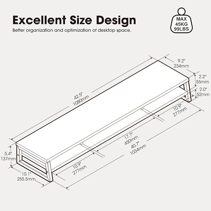 Fenge Dual Monitor Riser for Desk, Open Shelf with 3 Storage Compartments | 42.5in Computer Monitor Stand, 2-Tier Desk Shelf for Top of Desk,One-Piece Panel, fit Ultrawide Monitor, PC, Laptop, Dark Oak